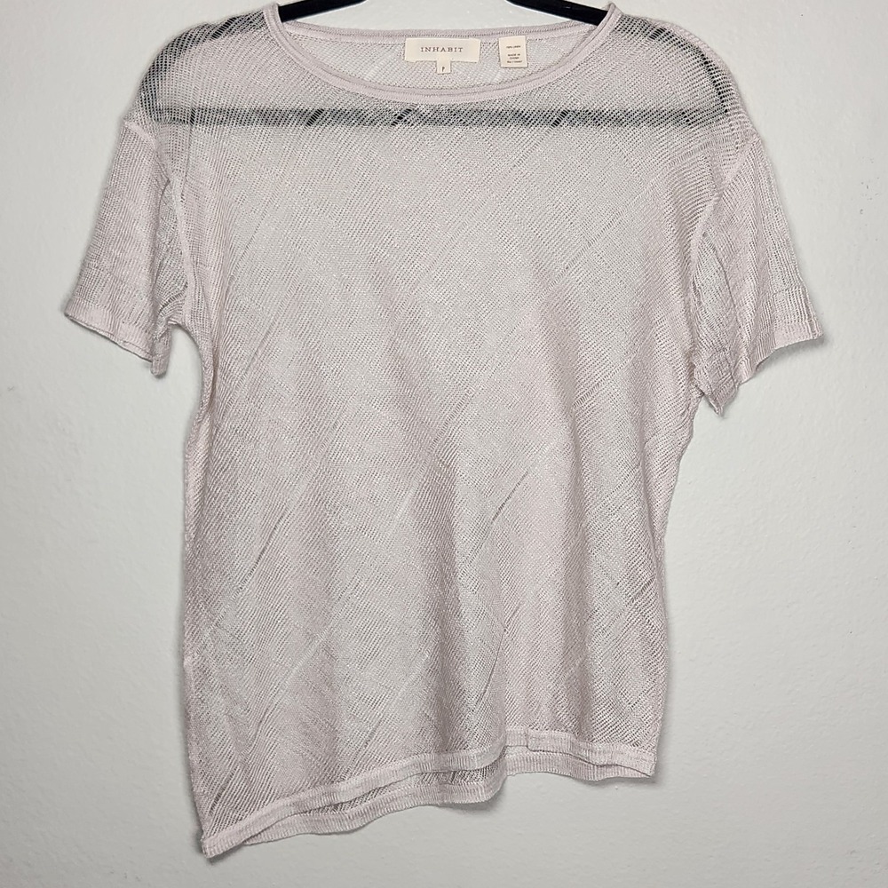 Inhabit Womens Petite Small Ivory Cream 100% Linen Open Knit Mesh Top Layering